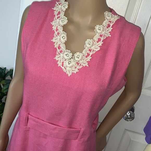 Vintage 1960's MOD Pink mini dress with pockets pure Irish linen  S M - Picture 8 of 13